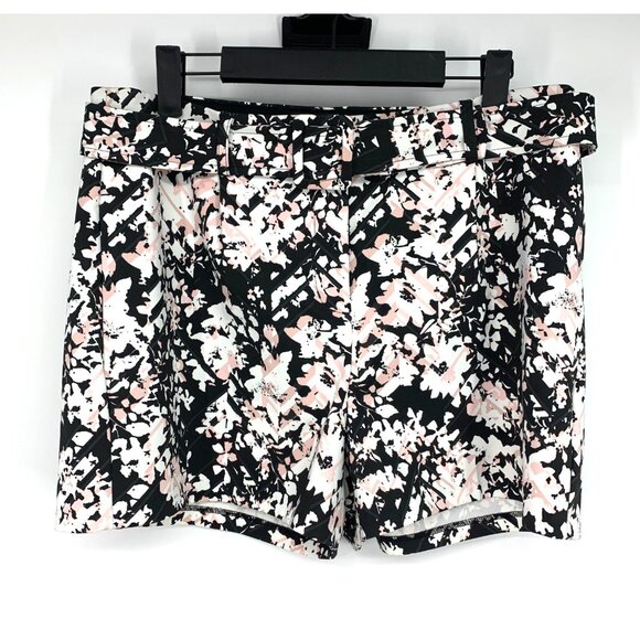 Express Shorts High Rise Shortie Floral Print Black Pink Belted - Picture 1 of 12